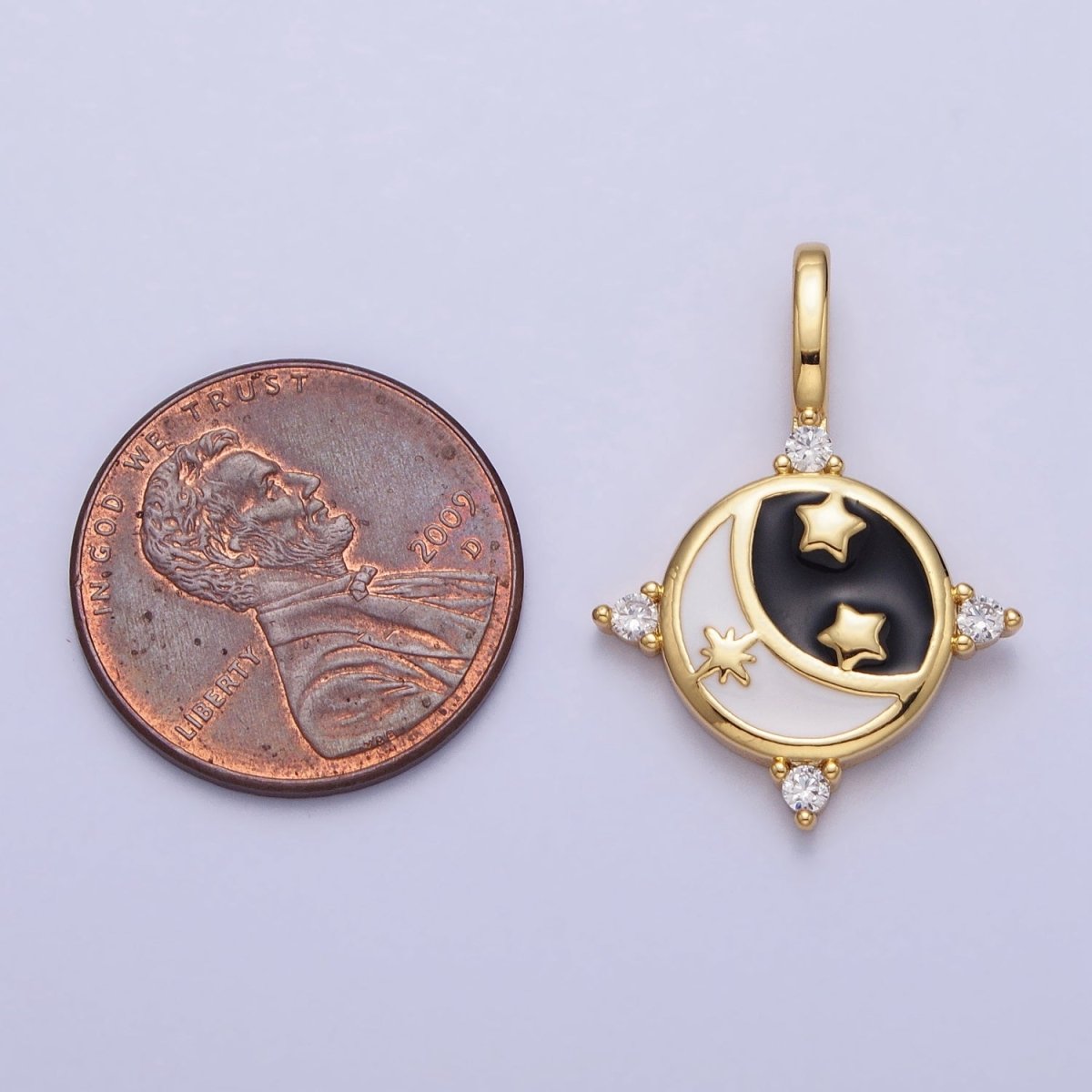 Gold, Silver Celestial Crescent Moon Stars Black & White Enamel Round Pendant | AA168, AA169 - DLUXCA