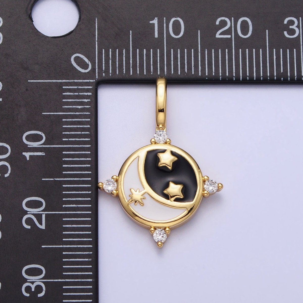 Gold, Silver Celestial Crescent Moon Stars Black & White Enamel Round Pendant | AA168, AA169 - DLUXCA