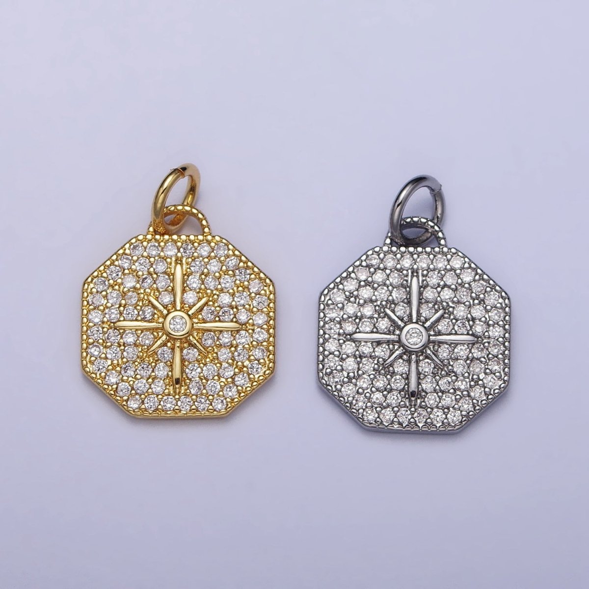 Gold, Silver Celestial North Star Micro Paved CZ Octagonal Charm | X114 AC1033 - DLUXCA