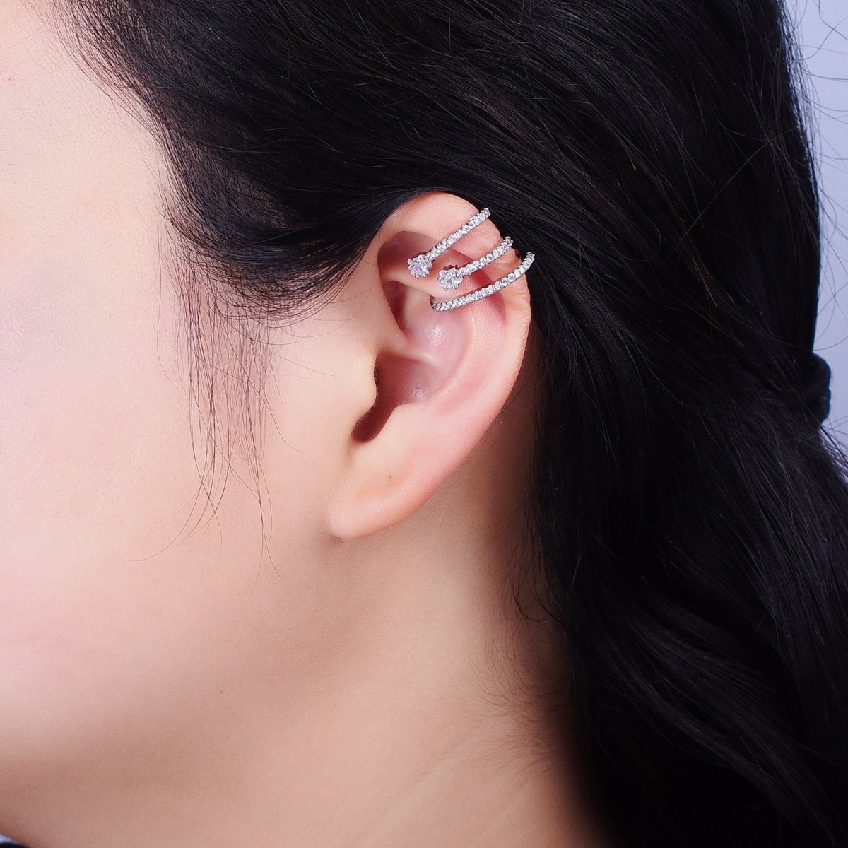 Gold, Silver Celestial Star CZ Micro Paved Triple Claw Bar Ear Cuff Earrings | AB931 AB9341 - DLUXCA