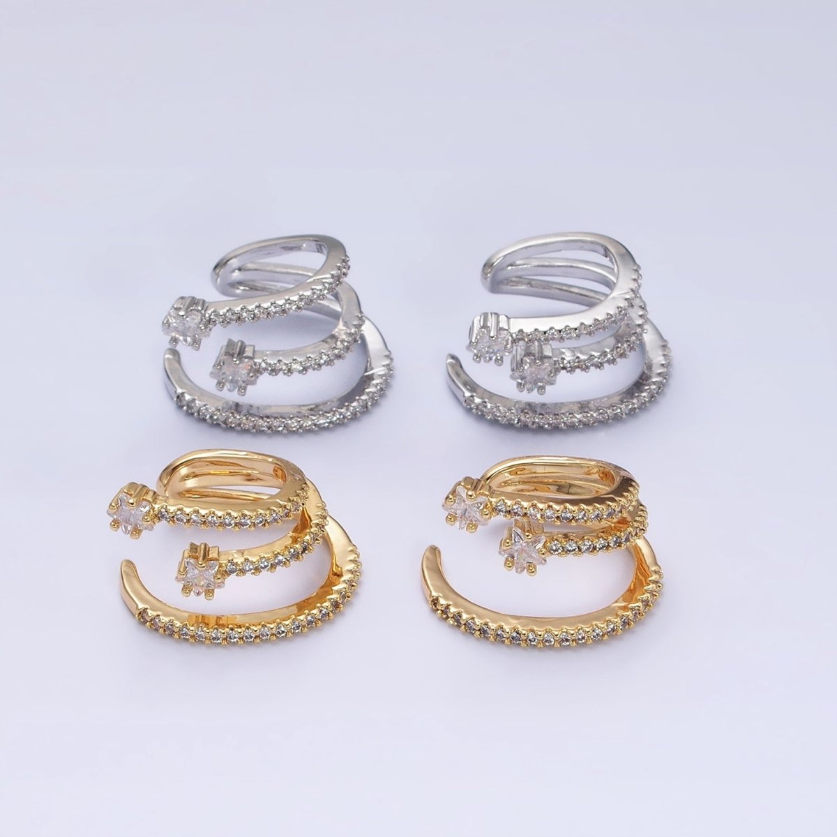 Gold, Silver Celestial Star CZ Micro Paved Triple Claw Bar Ear Cuff Earrings | AB931 AB9341 - DLUXCA