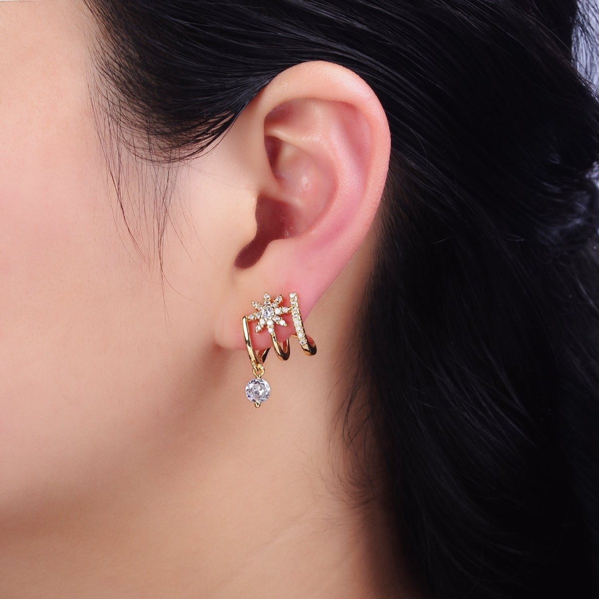 Gold, Silver Celestial Star Flower CZ Drop Micro Paved Triple Band Claw Stud Earrings | AD1054 AD1055 - DLUXCA