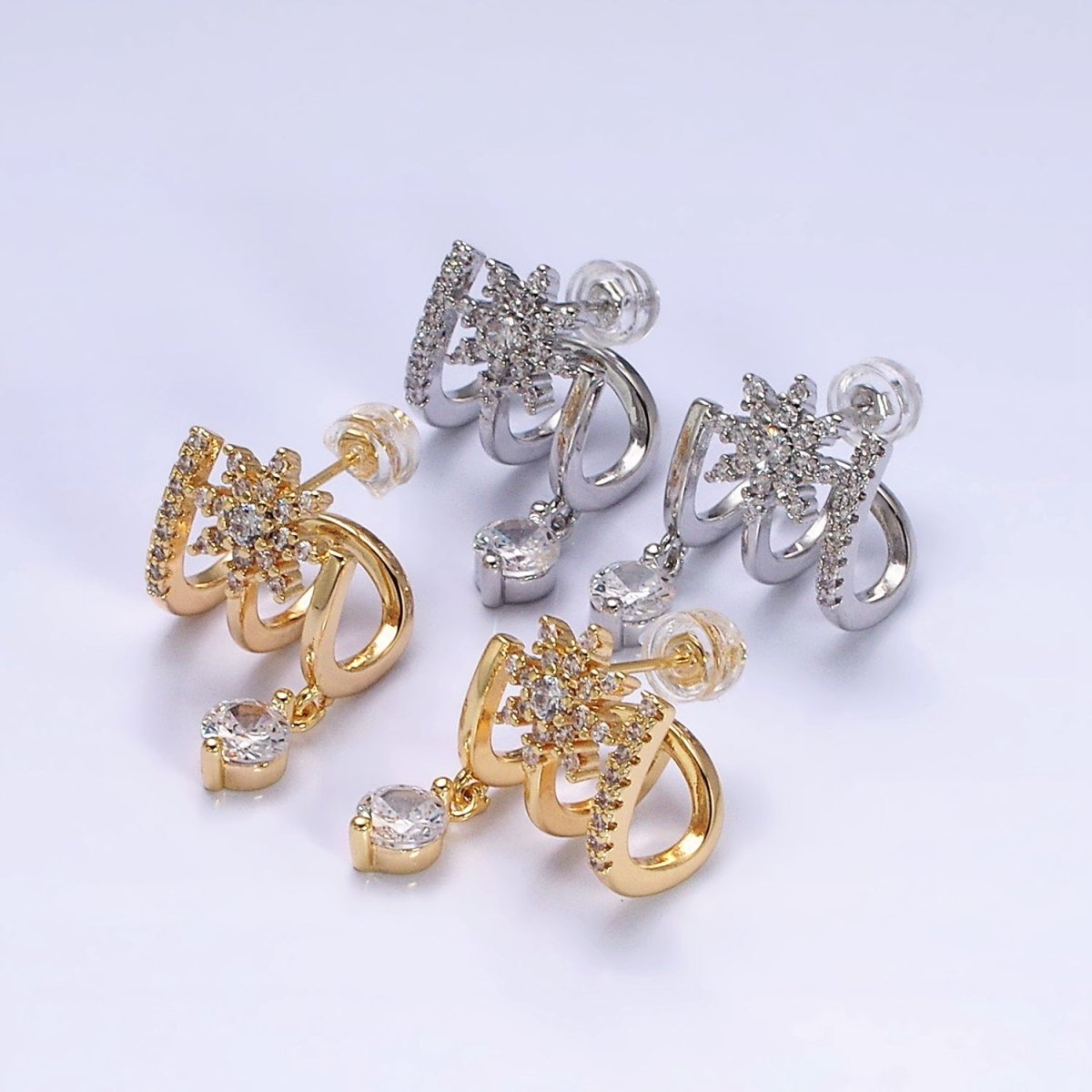 Gold, Silver Celestial Star Flower CZ Drop Micro Paved Triple Band Claw Stud Earrings | AD1054 AD1055 - DLUXCA
