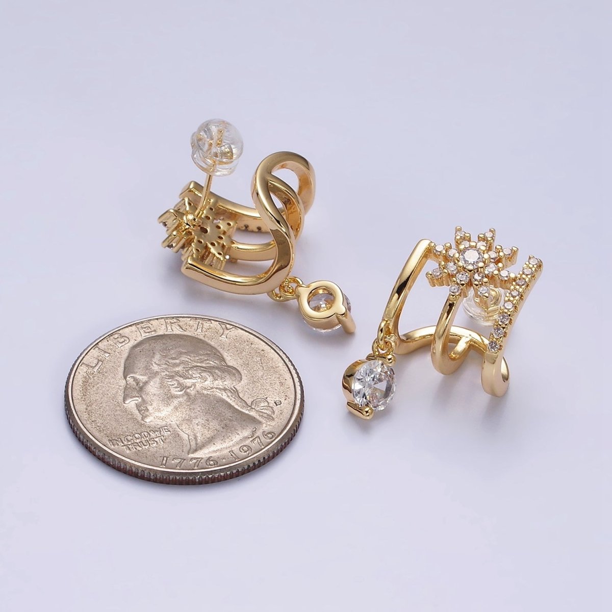 Gold, Silver Celestial Star Flower CZ Drop Micro Paved Triple Band Claw Stud Earrings | AD1054 AD1055 - DLUXCA