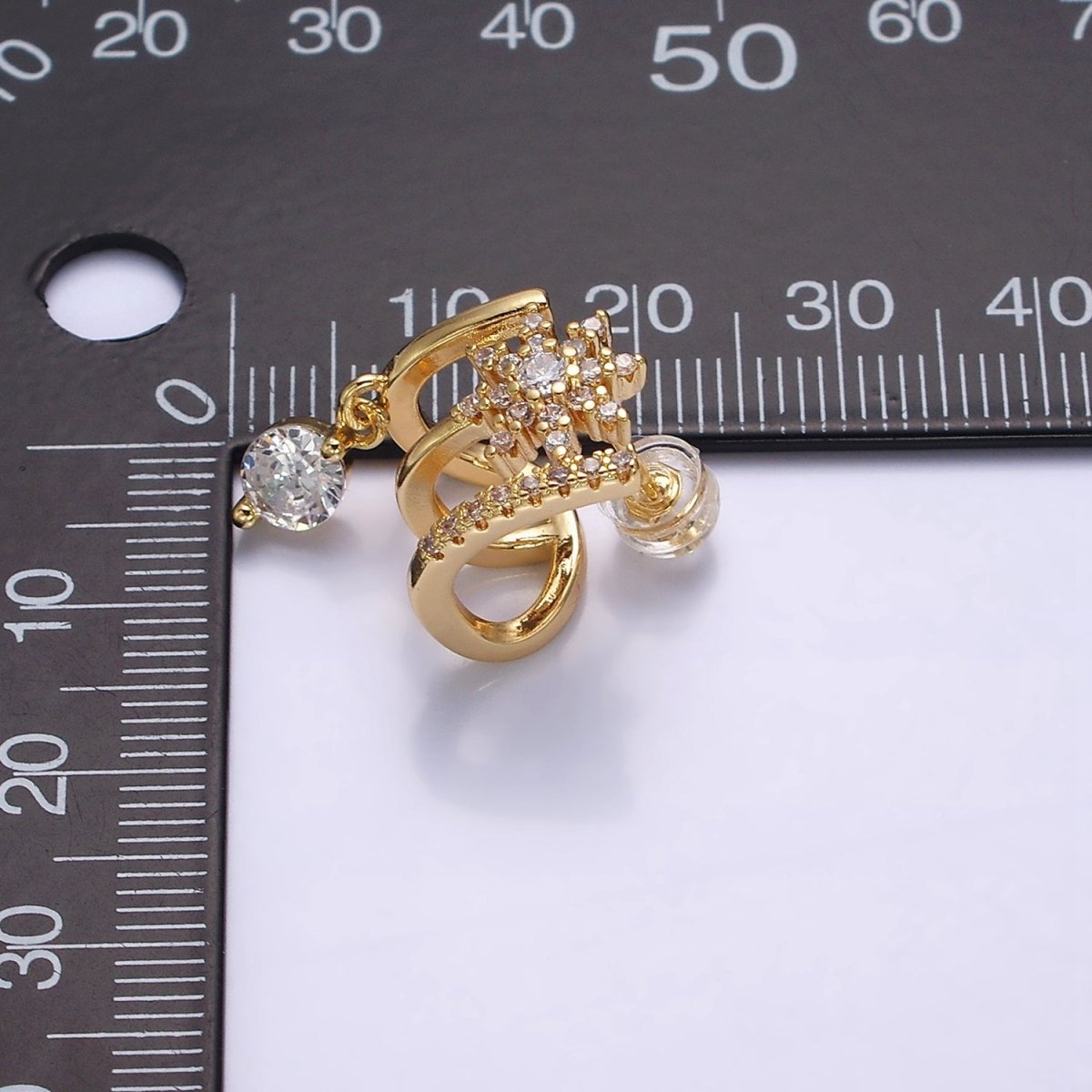 Gold, Silver Celestial Star Flower CZ Drop Micro Paved Triple Band Claw Stud Earrings | AD1054 AD1055 - DLUXCA