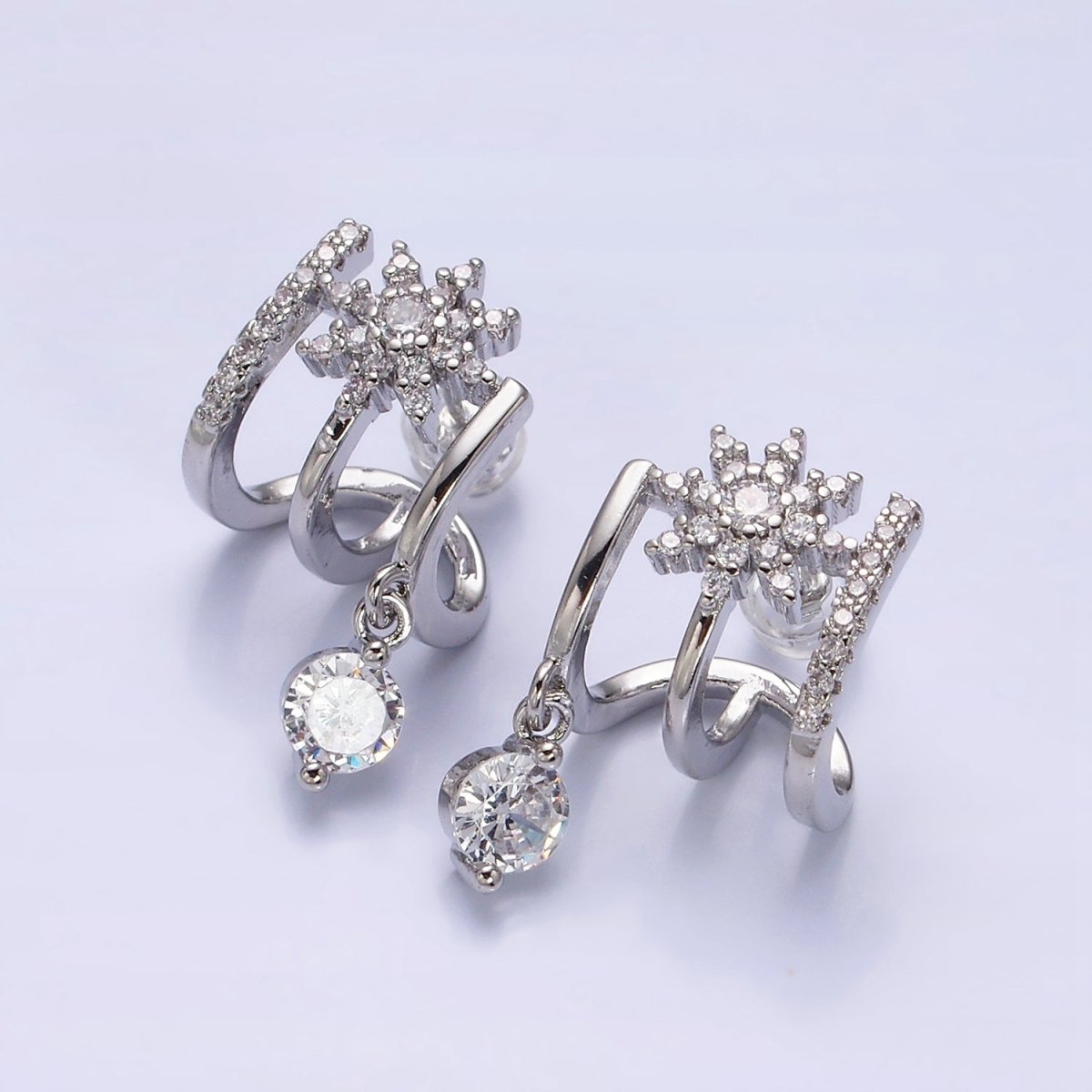 Gold, Silver Celestial Star Flower CZ Drop Micro Paved Triple Band Claw Stud Earrings | AD1054 AD1055 - DLUXCA