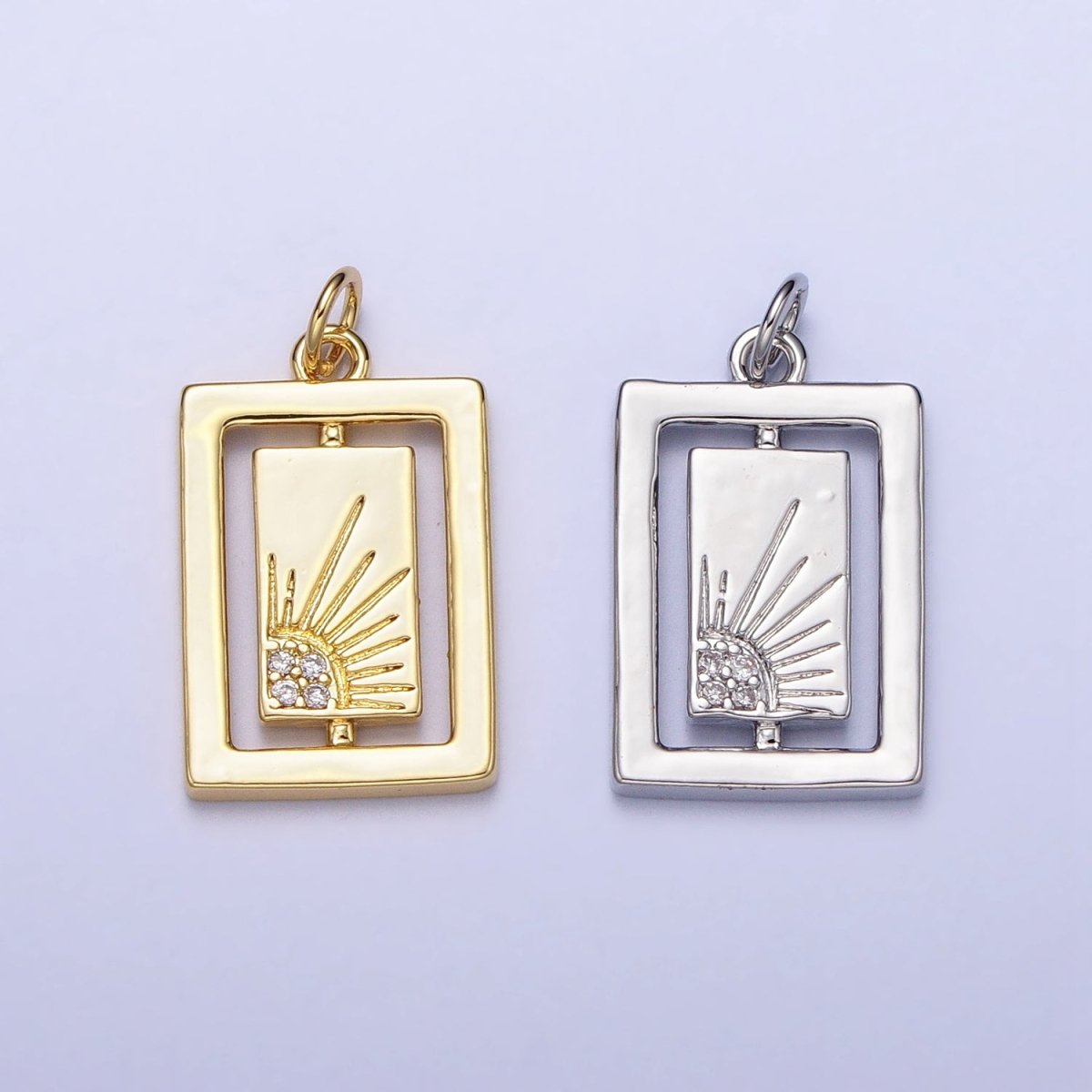 Gold, Silver Celestial Sun Micro Paved CZ Double Rectangular Tag Charm | AC406 AC407 - DLUXCA