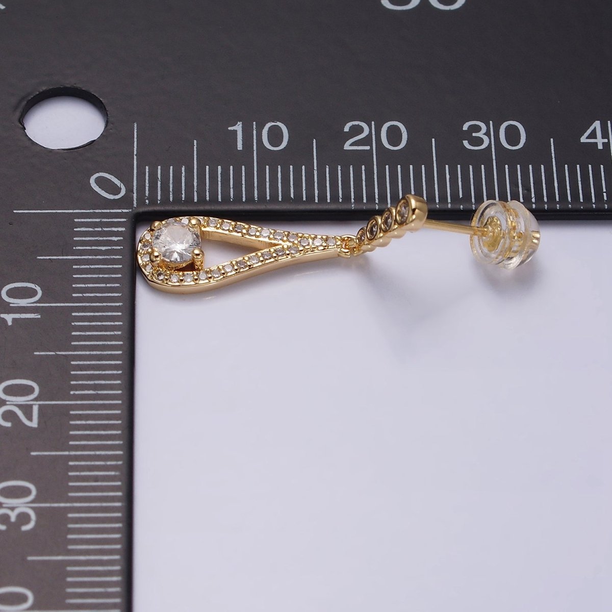 Gold, Silver Clear CZ Round Open Teardrop Linear Drop Stud Earrings | AD964 AD965 - DLUXCA