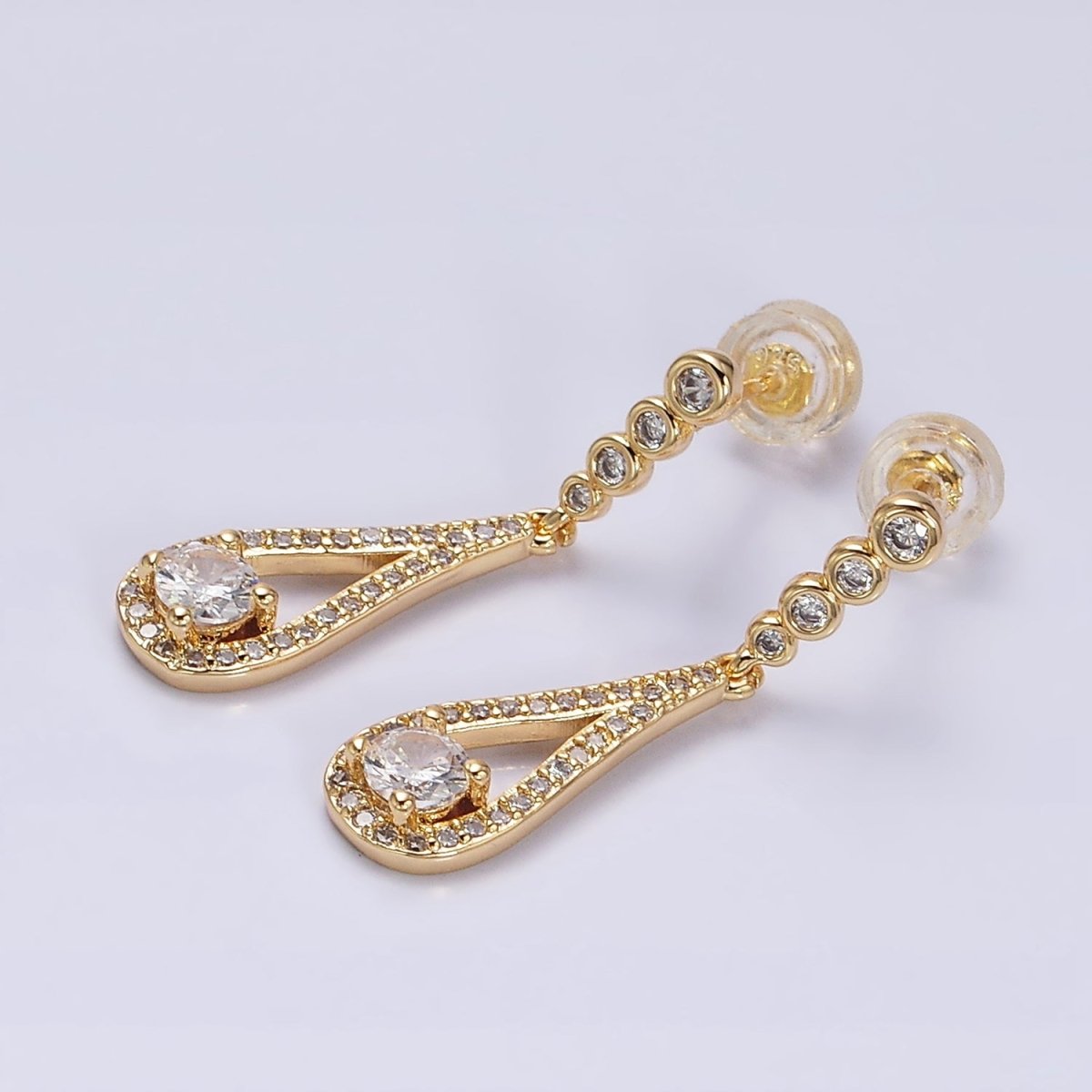 Gold, Silver Clear CZ Round Open Teardrop Linear Drop Stud Earrings | AD964 AD965 - DLUXCA