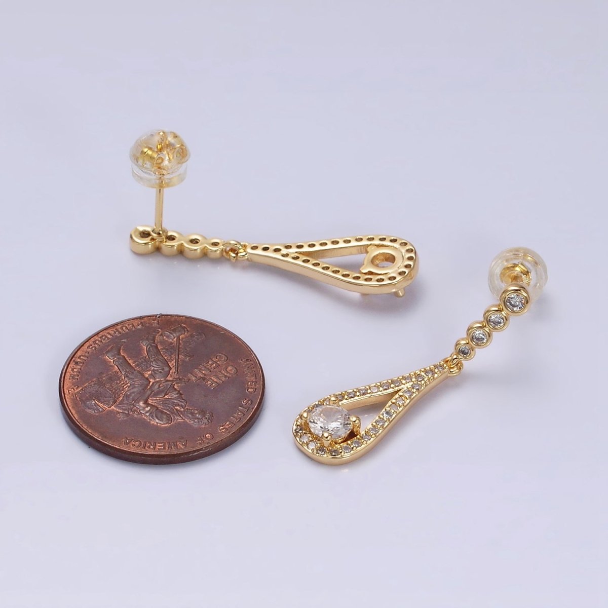 Gold, Silver Clear CZ Round Open Teardrop Linear Drop Stud Earrings | AD964 AD965 - DLUXCA