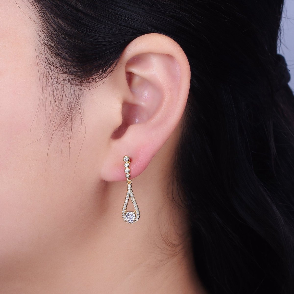 Gold, Silver Clear CZ Round Open Teardrop Linear Drop Stud Earrings | AD964 AD965 - DLUXCA