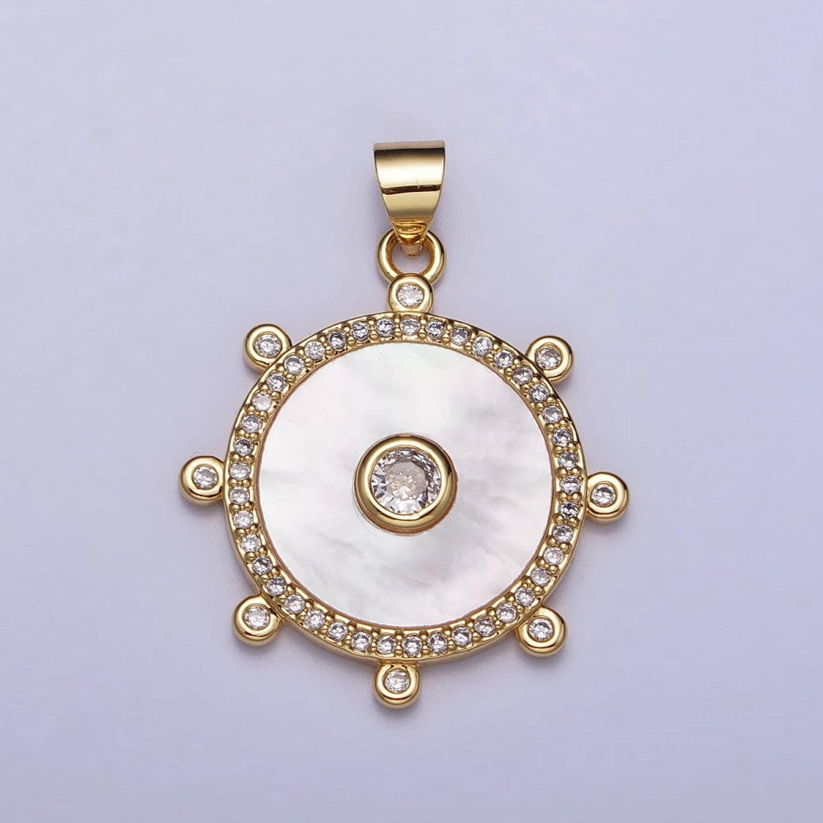 Gold, Silver Clear CZ Shell Pearl Round Micro Paved Dotted Outline Pendant | AA407 AA408 - DLUXCA