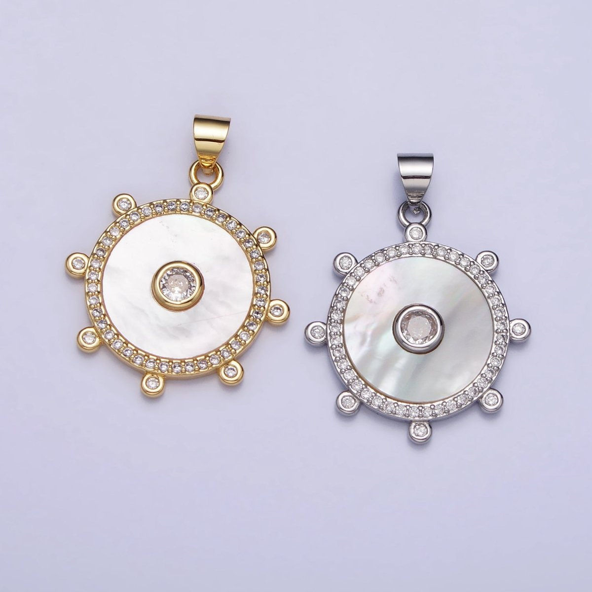 Gold, Silver Clear CZ Shell Pearl Round Micro Paved Dotted Outline Pendant | AA407 AA408 - DLUXCA
