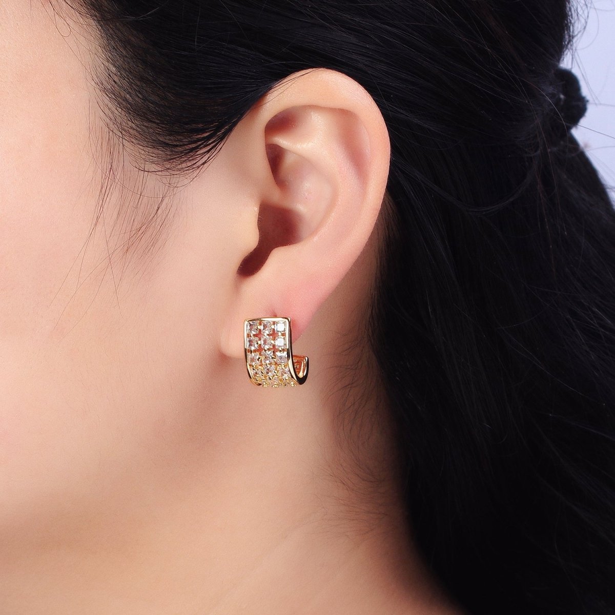 Gold, Silver Clear CZ Square Lined Wide J-Shaped Mini Hoop Earrings | AB368 AB369 - DLUXCA