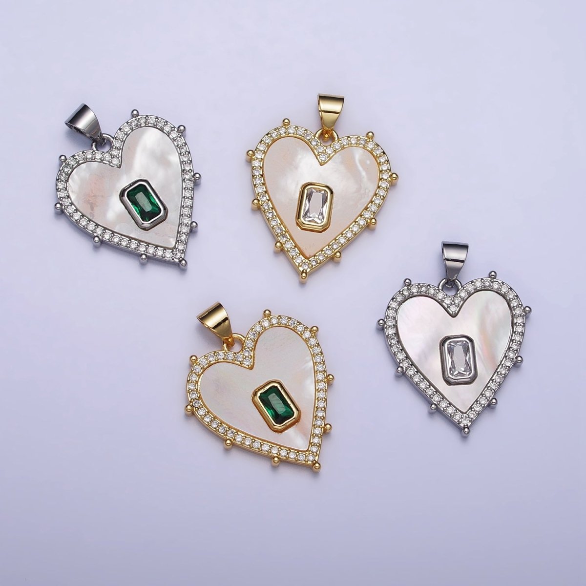 Gold, Silver Clear, Green Baguette Shell Pearl Heart Micro Paved Dotted Outline Pendant | AA399 AA400, AA405, AA394 - DLUXCA