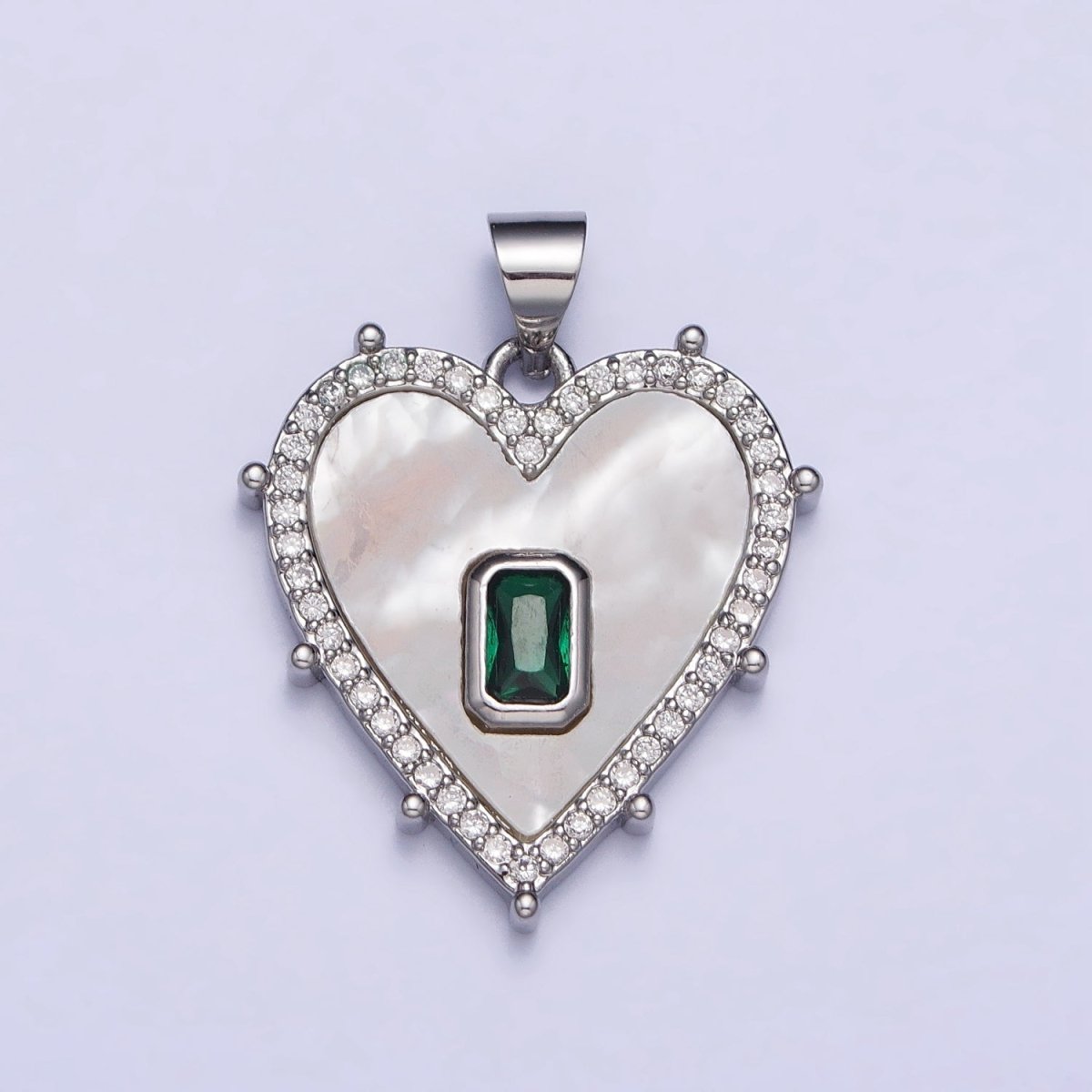 Gold, Silver Clear, Green Baguette Shell Pearl Heart Micro Paved Dotted Outline Pendant | AA399 AA400, AA405, AA394 - DLUXCA