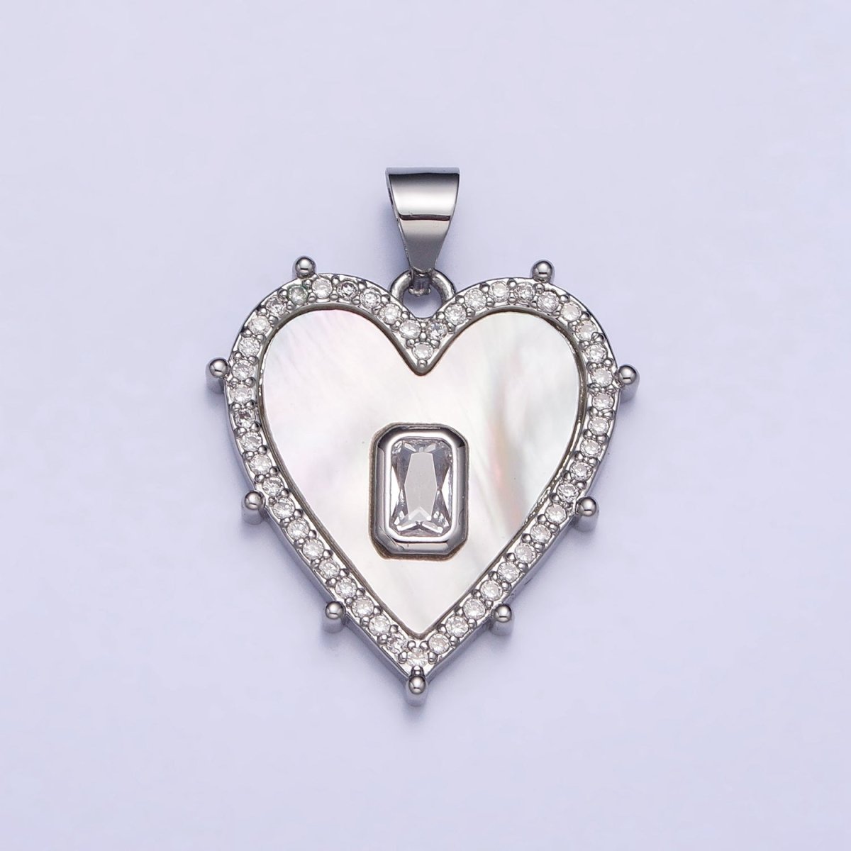 Gold, Silver Clear, Green Baguette Shell Pearl Heart Micro Paved Dotted Outline Pendant | AA399 AA400, AA405, AA394 - DLUXCA