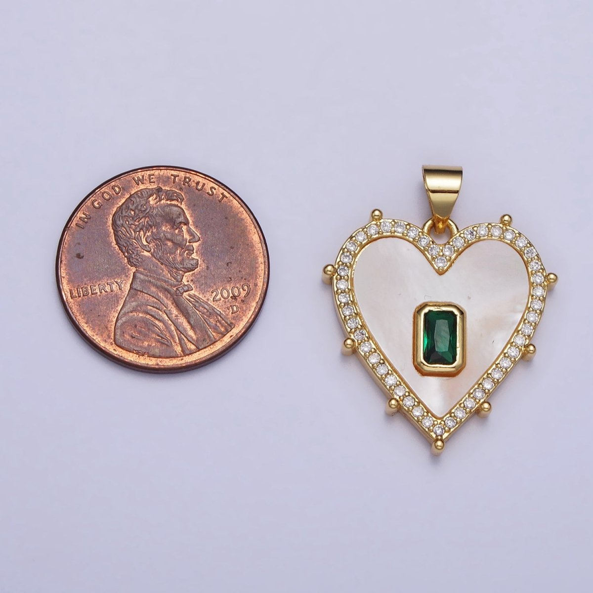 Gold, Silver Clear, Green Baguette Shell Pearl Heart Micro Paved Dotted Outline Pendant | AA399 AA400, AA405, AA394 - DLUXCA