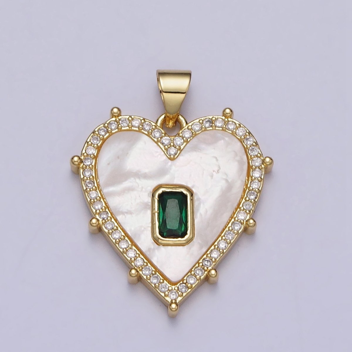 Gold, Silver Clear, Green Baguette Shell Pearl Heart Micro Paved Dotted Outline Pendant | AA399 AA400, AA405, AA394 - DLUXCA