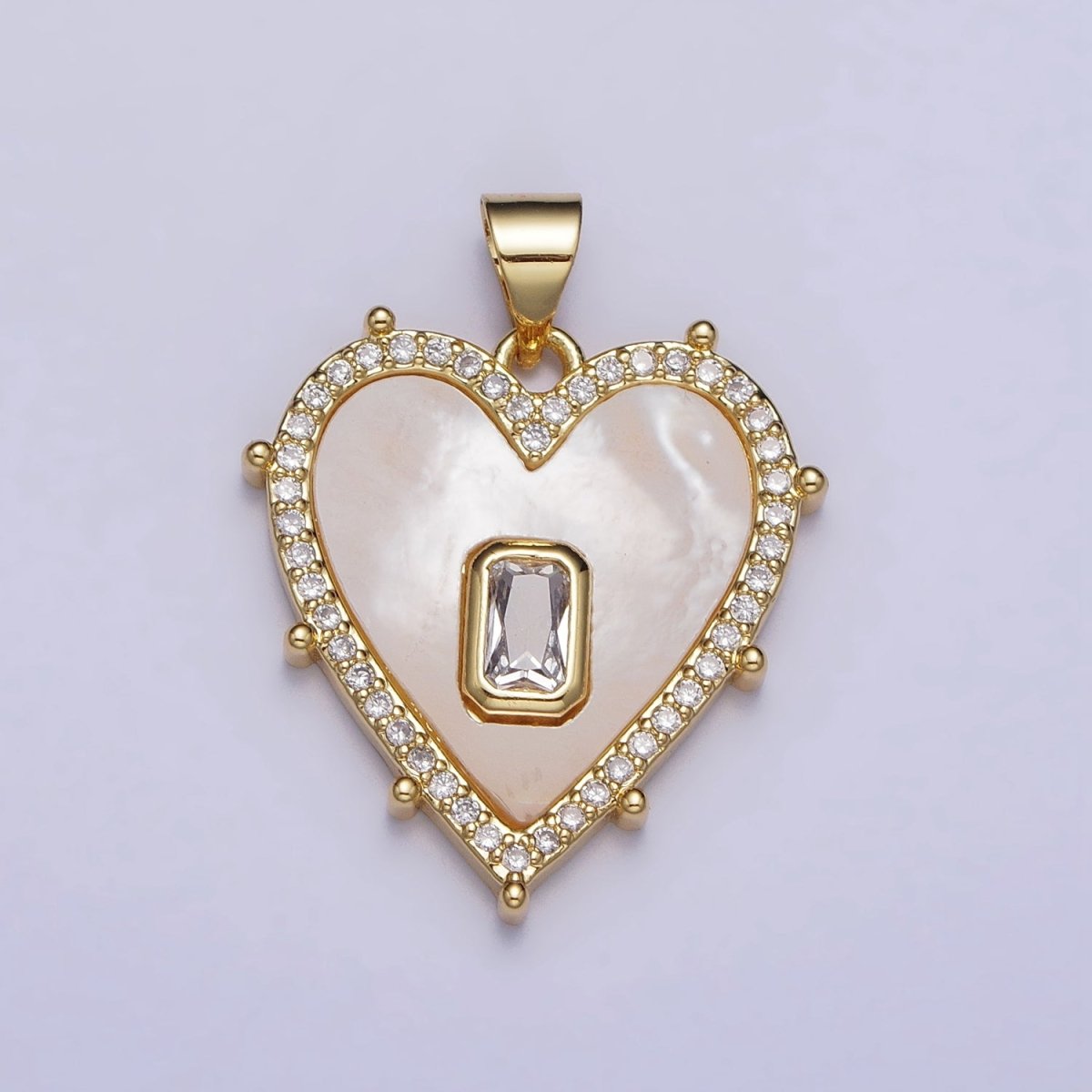 Gold, Silver Clear, Green Baguette Shell Pearl Heart Micro Paved Dotted Outline Pendant | AA399 AA400, AA405, AA394 - DLUXCA