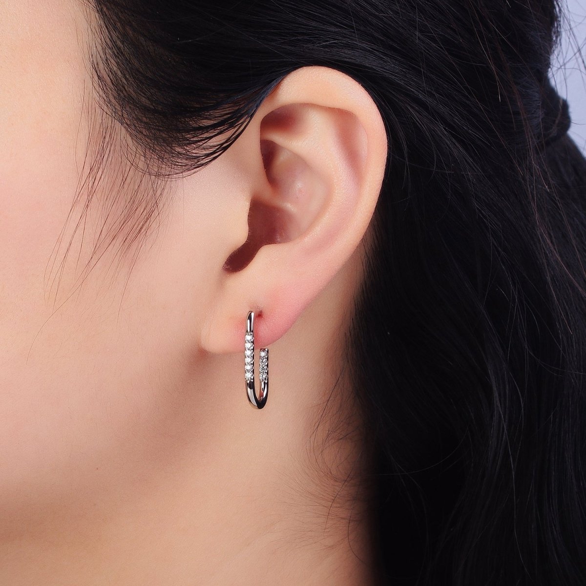 Gold, Silver Clear Micro Paved CZ Front J-Shaped Geometric Hoop Earrings | Y-053 AB-430 - DLUXCA