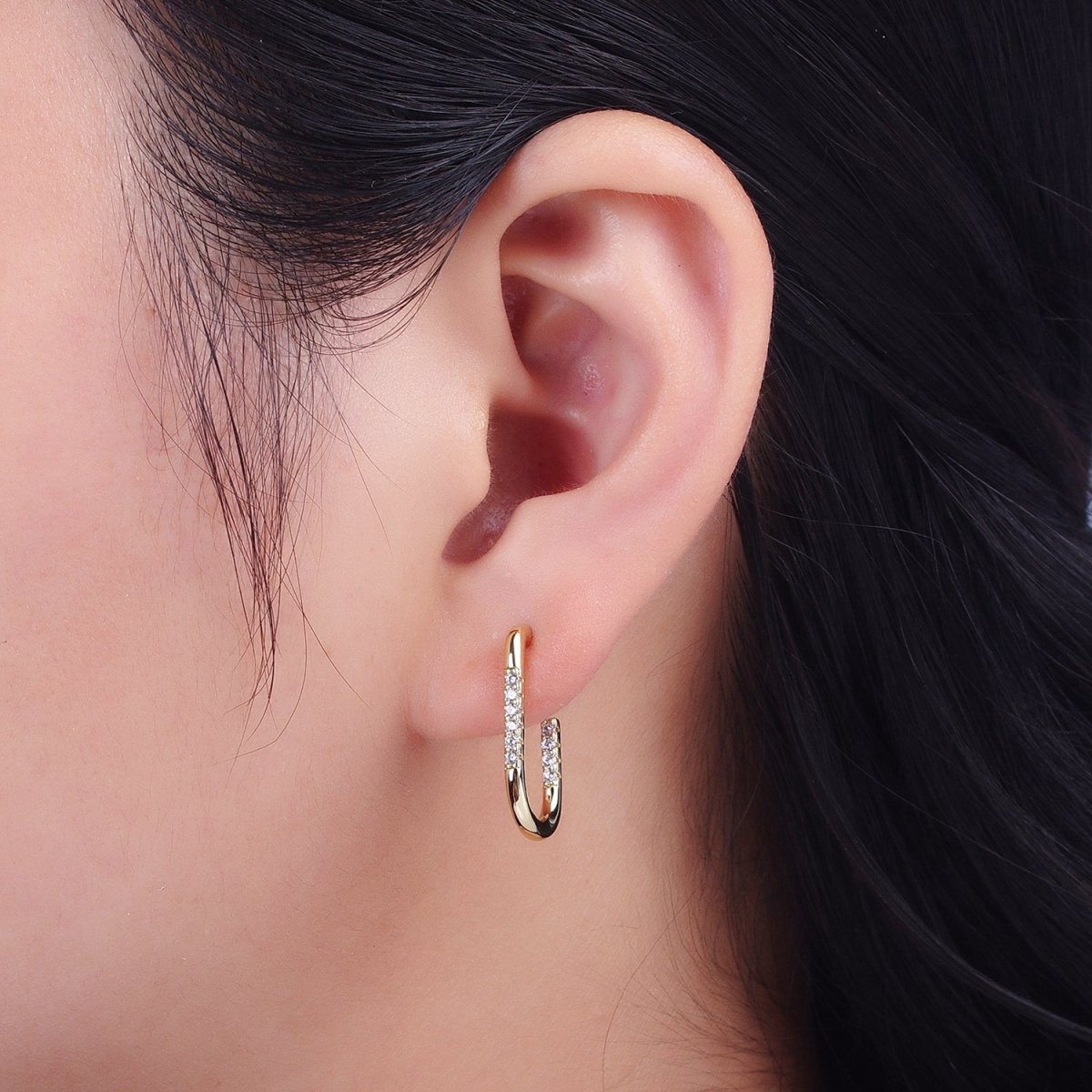 Gold, Silver Clear Micro Paved CZ Front J-Shaped Geometric Hoop Earrings | Y-053 AB-430 - DLUXCA