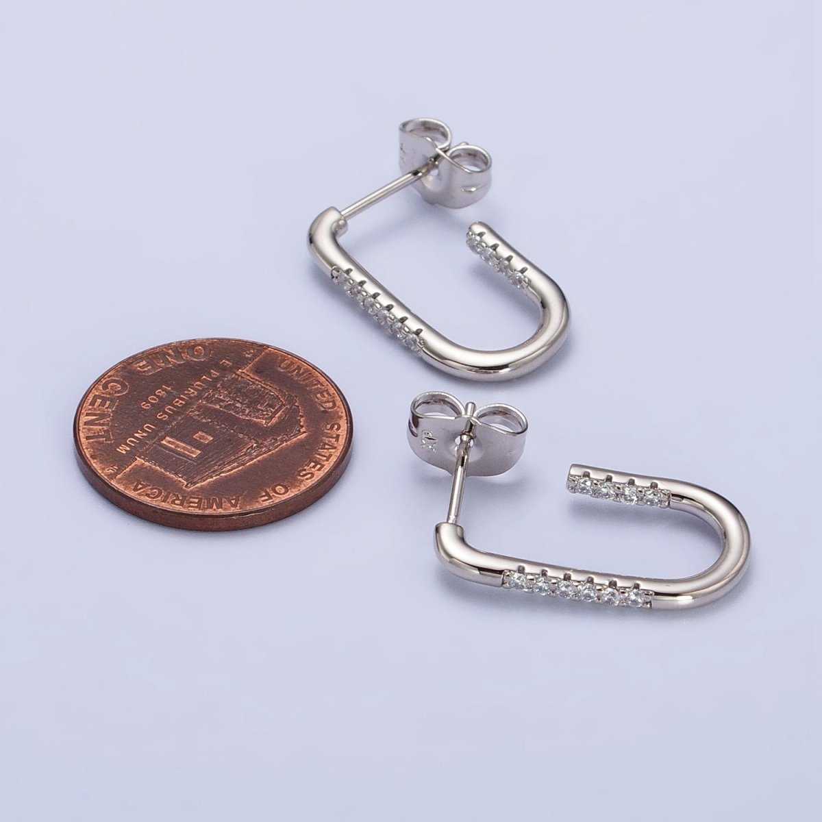 Gold, Silver Clear Micro Paved CZ Front J-Shaped Geometric Hoop Earrings | Y-053 AB-430 - DLUXCA