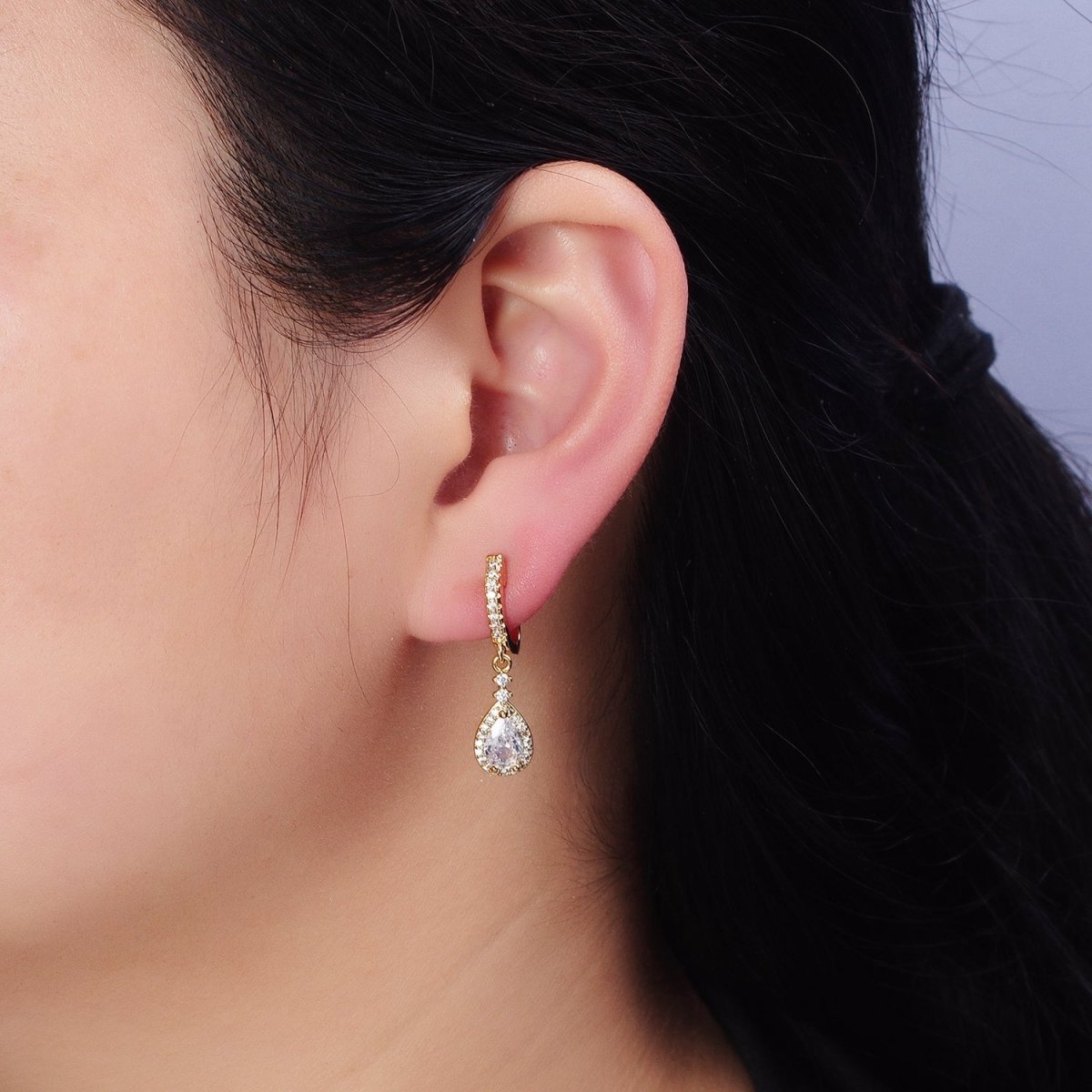 Gold, Silver Clear, Purple Teardrop CZ Micro Paved English Lock Drop Earrings | AD917 - AD920 no - DLUXCA