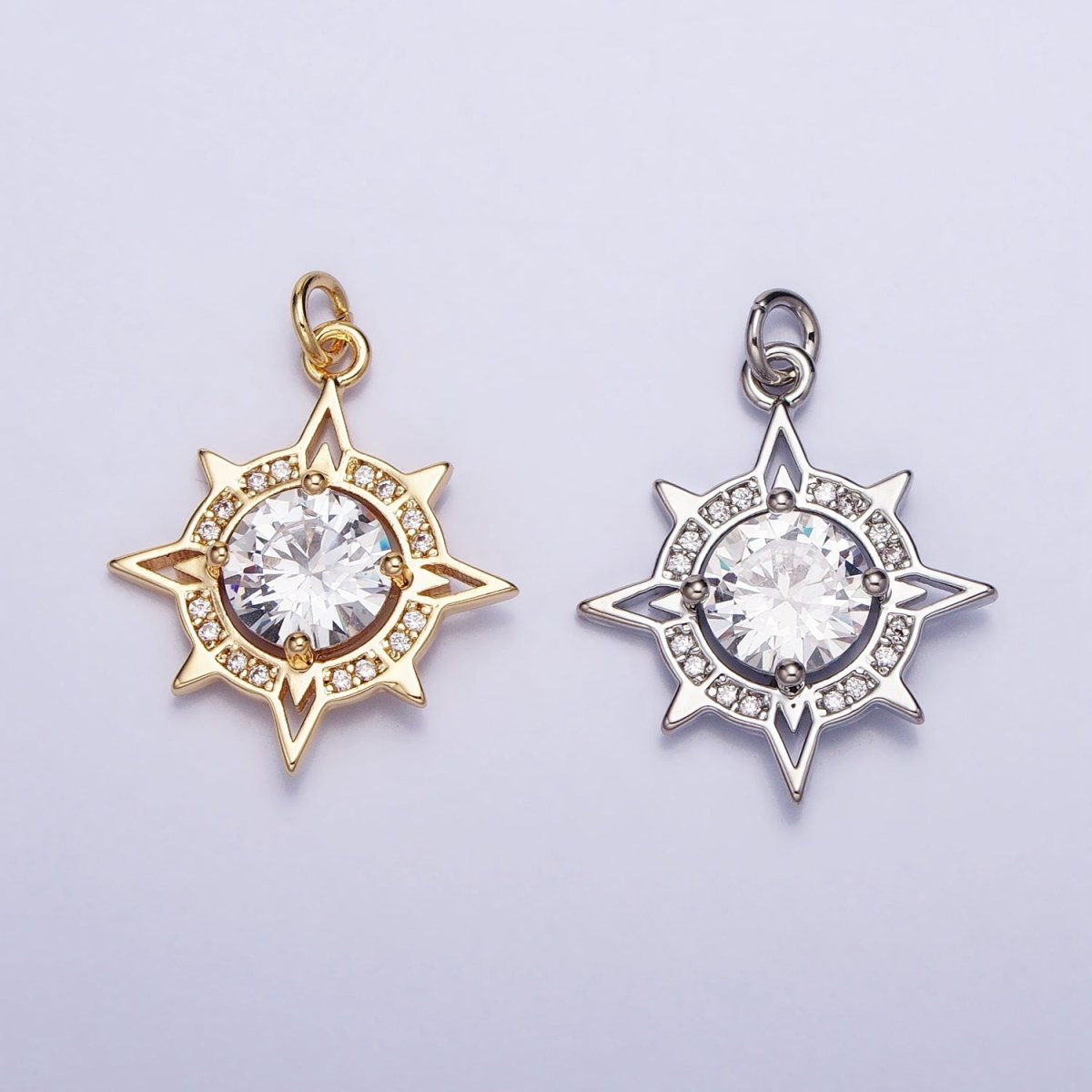 Gold, Silver Compass Celestial Sun Round Clear CZ Charm | AC385 AC386 - DLUXCA