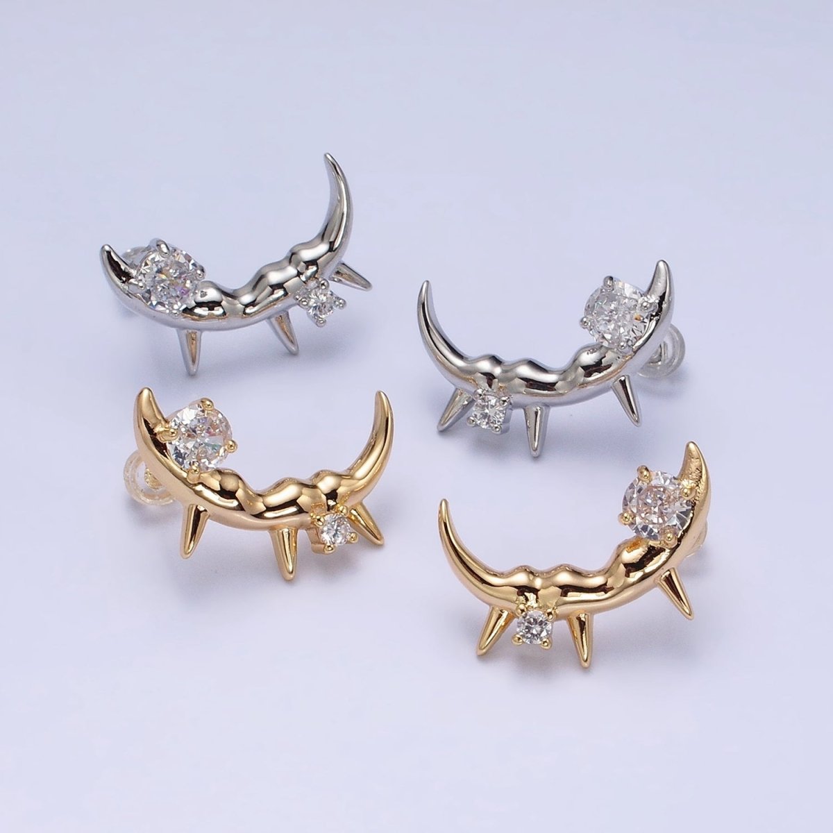 Gold, Silver Curved Clear Round CZ Spiked Molten Drip Stud Earrings | AD889 AD890 - DLUXCA