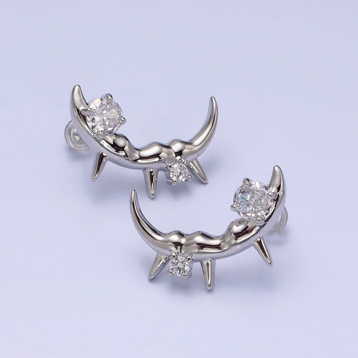 Gold, Silver Curved Clear Round CZ Spiked Molten Drip Stud Earrings | AD889 AD890 - DLUXCA