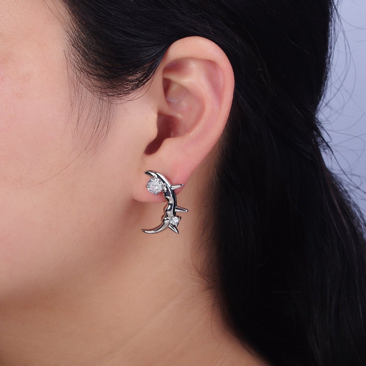 Gold, Silver Curved Clear Round CZ Spiked Molten Drip Stud Earrings | AD889 AD890 - DLUXCA