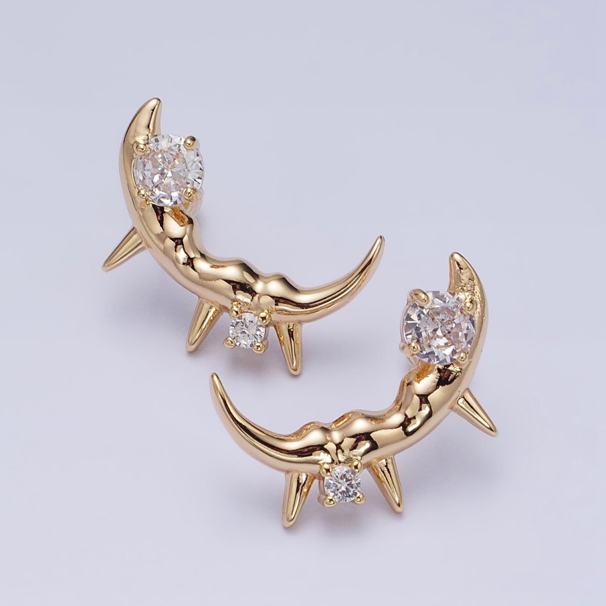 Gold, Silver Curved Clear Round CZ Spiked Molten Drip Stud Earrings | AD889 AD890 - DLUXCA