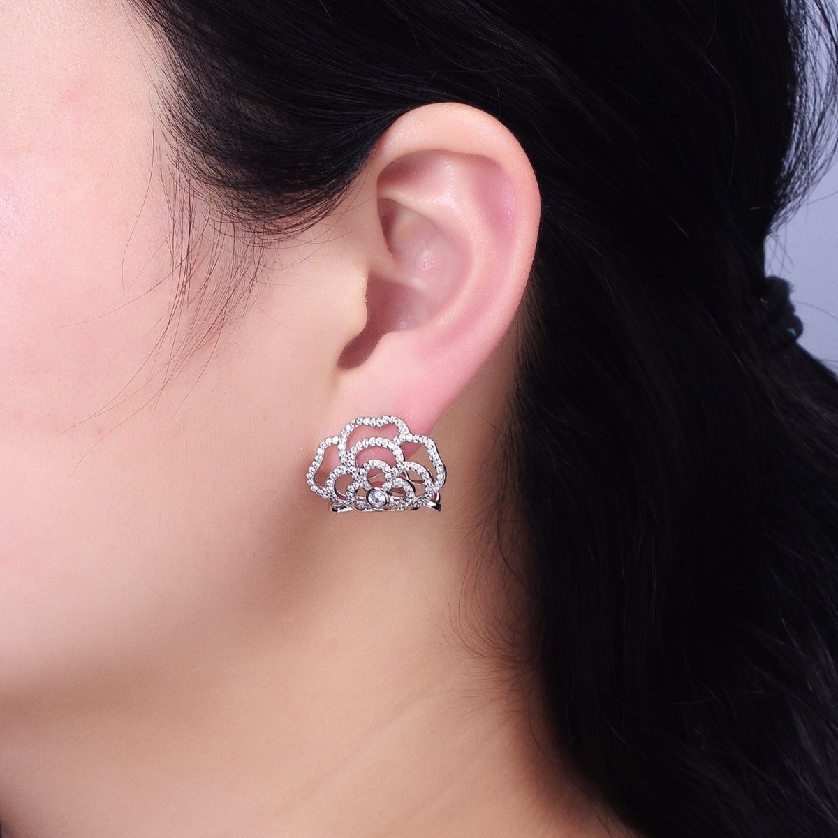 Gold, Silver Curved Rose Flower Nature Micro Paved CZ Stud Earrings | AB594 AB595 - DLUXCA