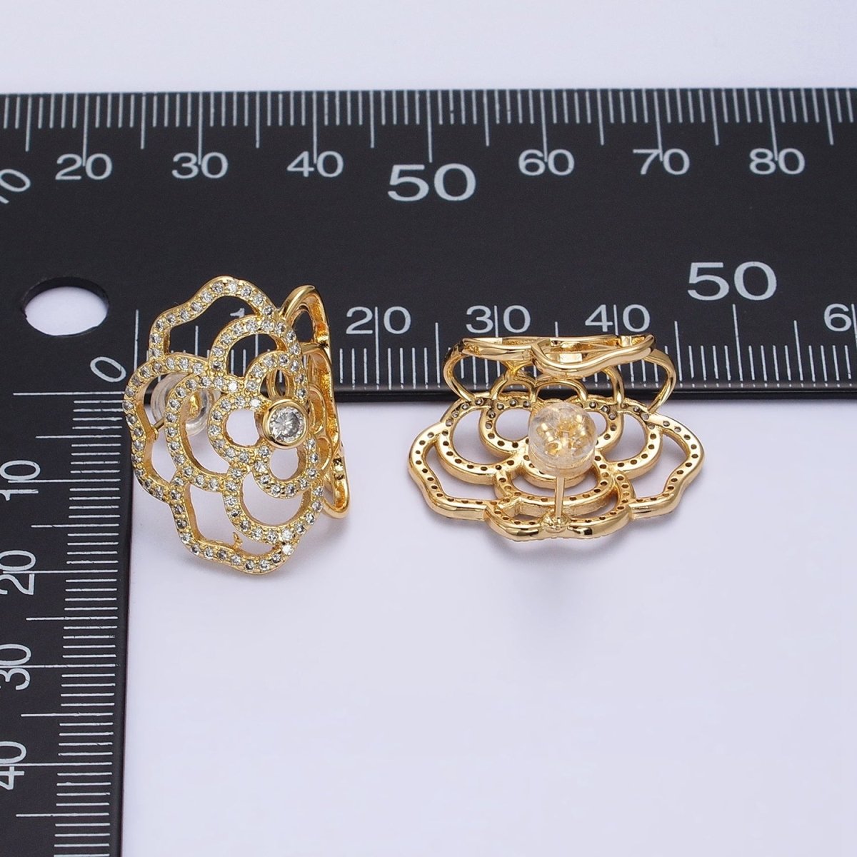 Gold, Silver Curved Rose Flower Nature Micro Paved CZ Stud Earrings | AB594 AB595 - DLUXCA