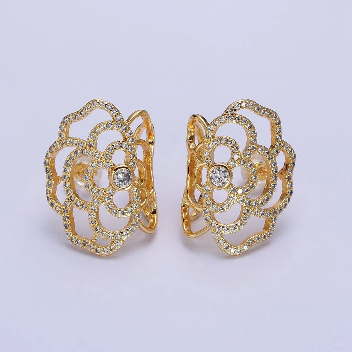 Gold, Silver Curved Rose Flower Nature Micro Paved CZ Stud Earrings | AB594 AB595 - DLUXCA