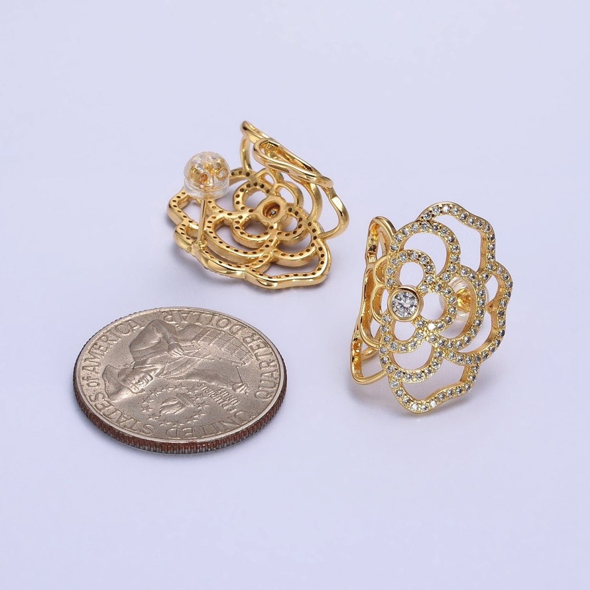 Gold, Silver Curved Rose Flower Nature Micro Paved CZ Stud Earrings | AB594 AB595 - DLUXCA