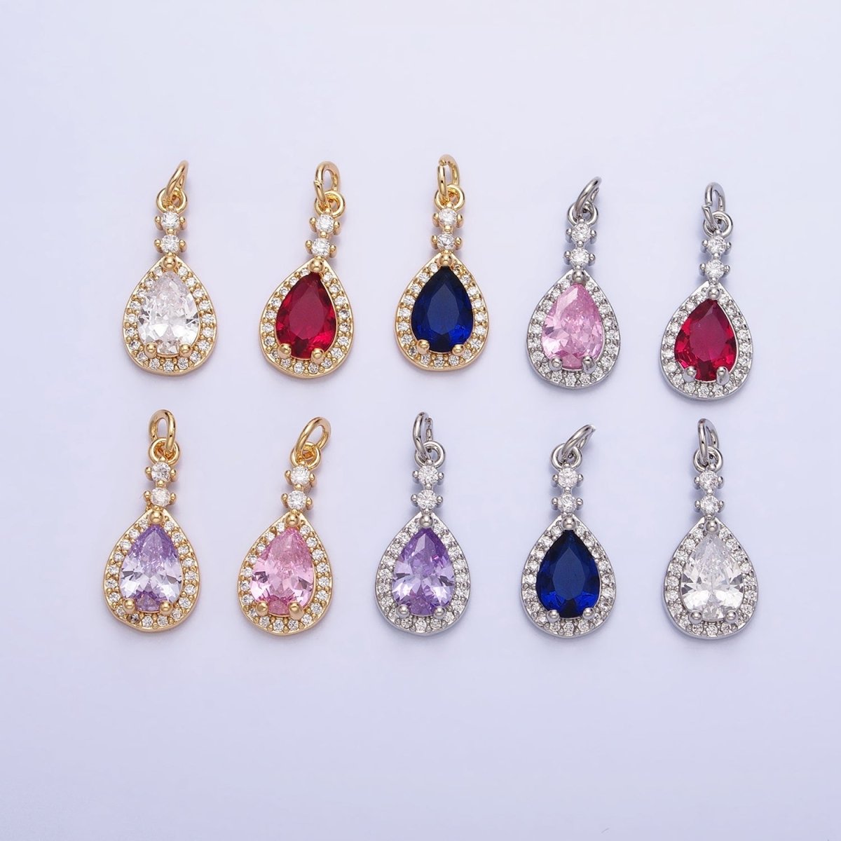 Gold, Silver CZ Clear, Purple, Pink, Red, Blue Teardrop Micro Paved Charm | AC427 - AC431, AC941 - AC945 - DLUXCA