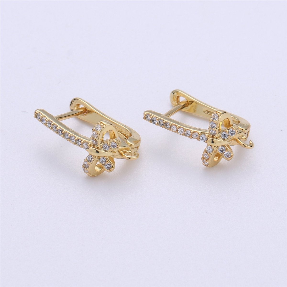 Gold / Silver CZ Micro Pave LatchBack Earring Wires Hooks, Leverback ear wires, Huggie ear wire Cubic open link earrings Supply K-314 - DLUXCA