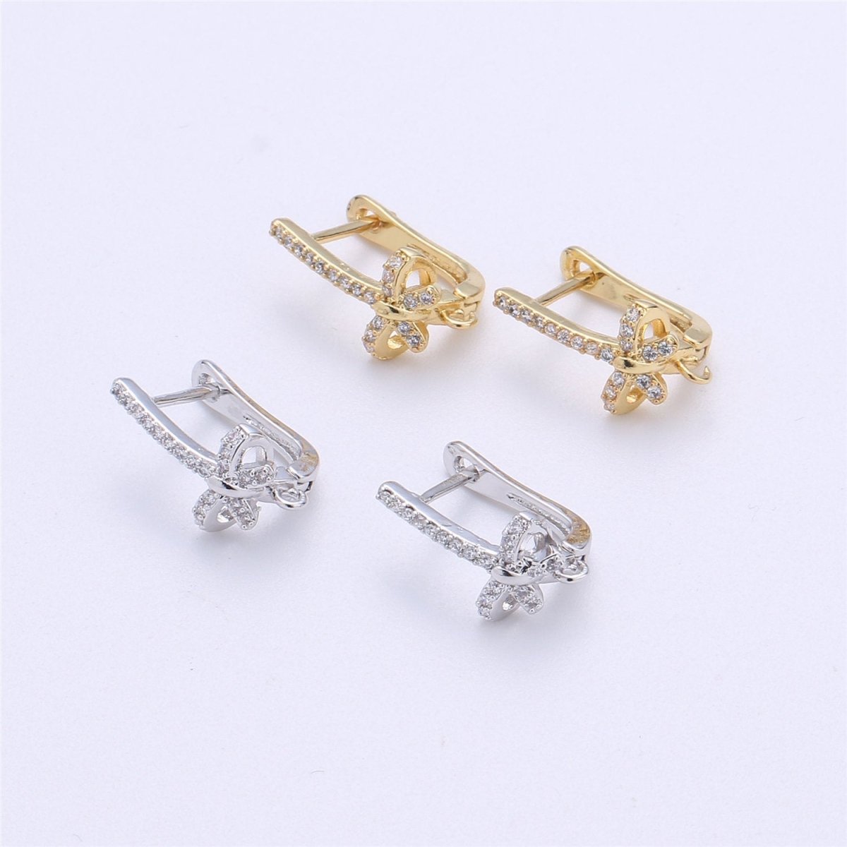 Gold / Silver CZ Micro Pave LatchBack Earring Wires Hooks, Leverback ear wires, Huggie ear wire Cubic open link earrings Supply K-314 - DLUXCA