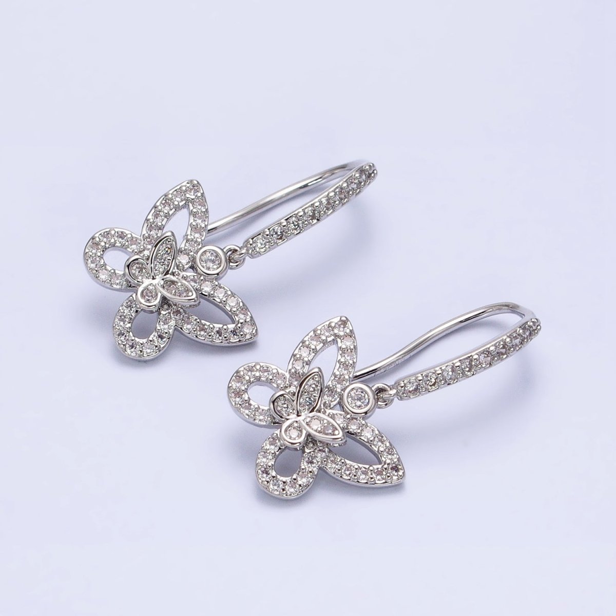 Gold, Silver Double Butterfly Mariposa Clear Micro Paved CZ French Hook Earrings | AB576 AB577 - DLUXCA