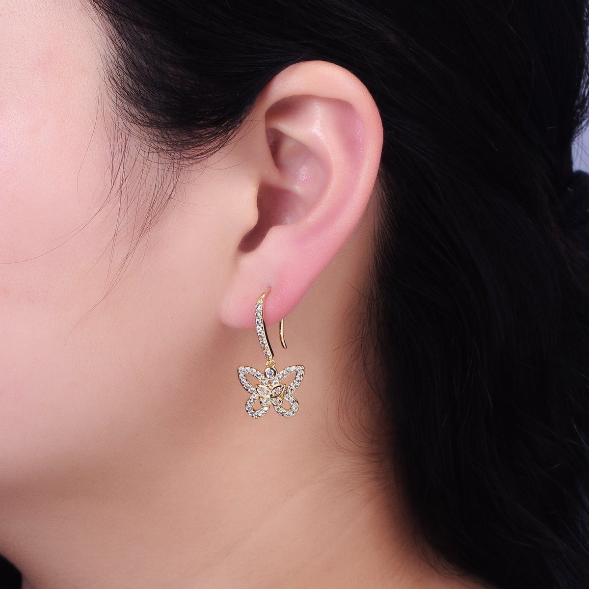 Gold, Silver Double Butterfly Mariposa Clear Micro Paved CZ French Hook Earrings | AB576 AB577 - DLUXCA