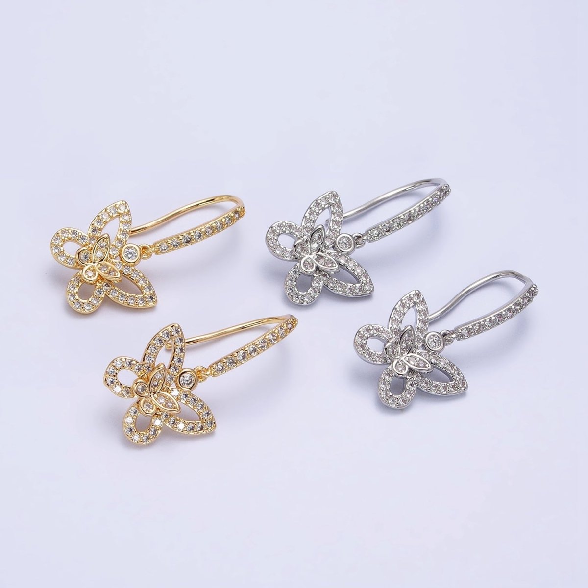 Gold, Silver Double Butterfly Mariposa Clear Micro Paved CZ French Hook Earrings | AB576 AB577 - DLUXCA