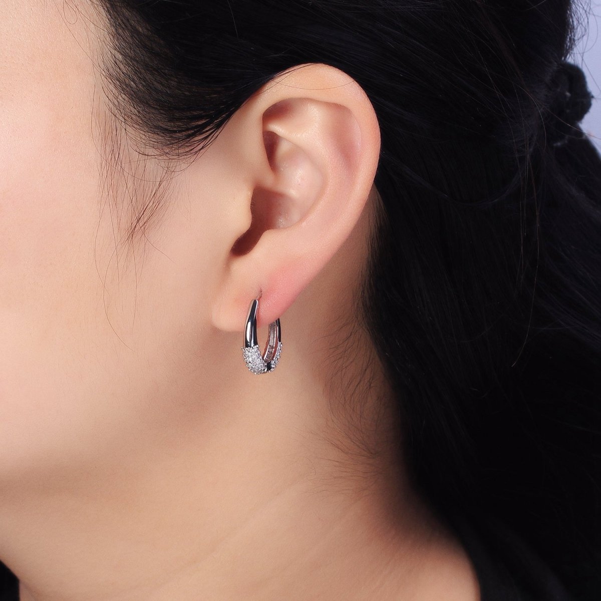 Gold, Silver Double Clear Micro Paved CZ Oblong U-Shaped Hoop Earrings | AB452 AB463 - DLUXCA