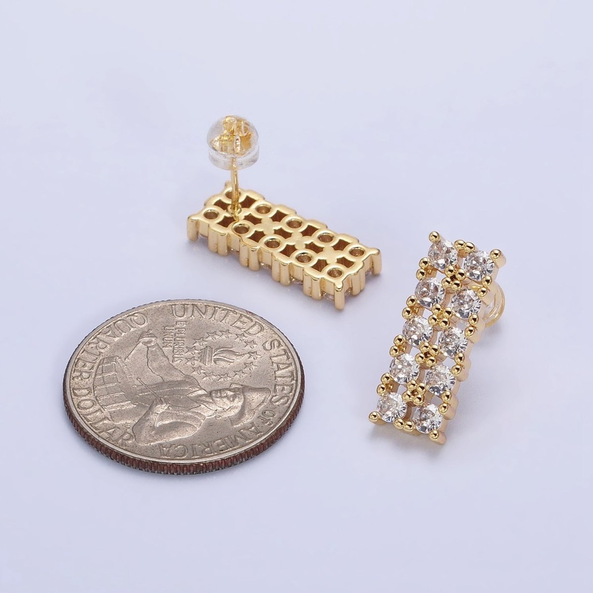 Gold, Silver Double CZ Lined Rectangular Bar Stud Earrings | AB581 AB582 - DLUXCA