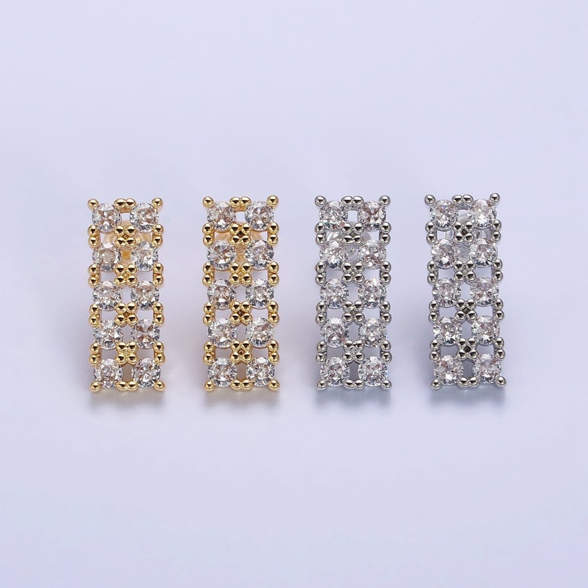 Gold, Silver Double CZ Lined Rectangular Bar Stud Earrings | AB581 AB582 - DLUXCA