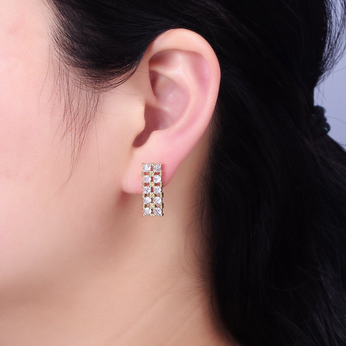 Gold, Silver Double CZ Lined Rectangular Bar Stud Earrings | AB581 AB582 - DLUXCA