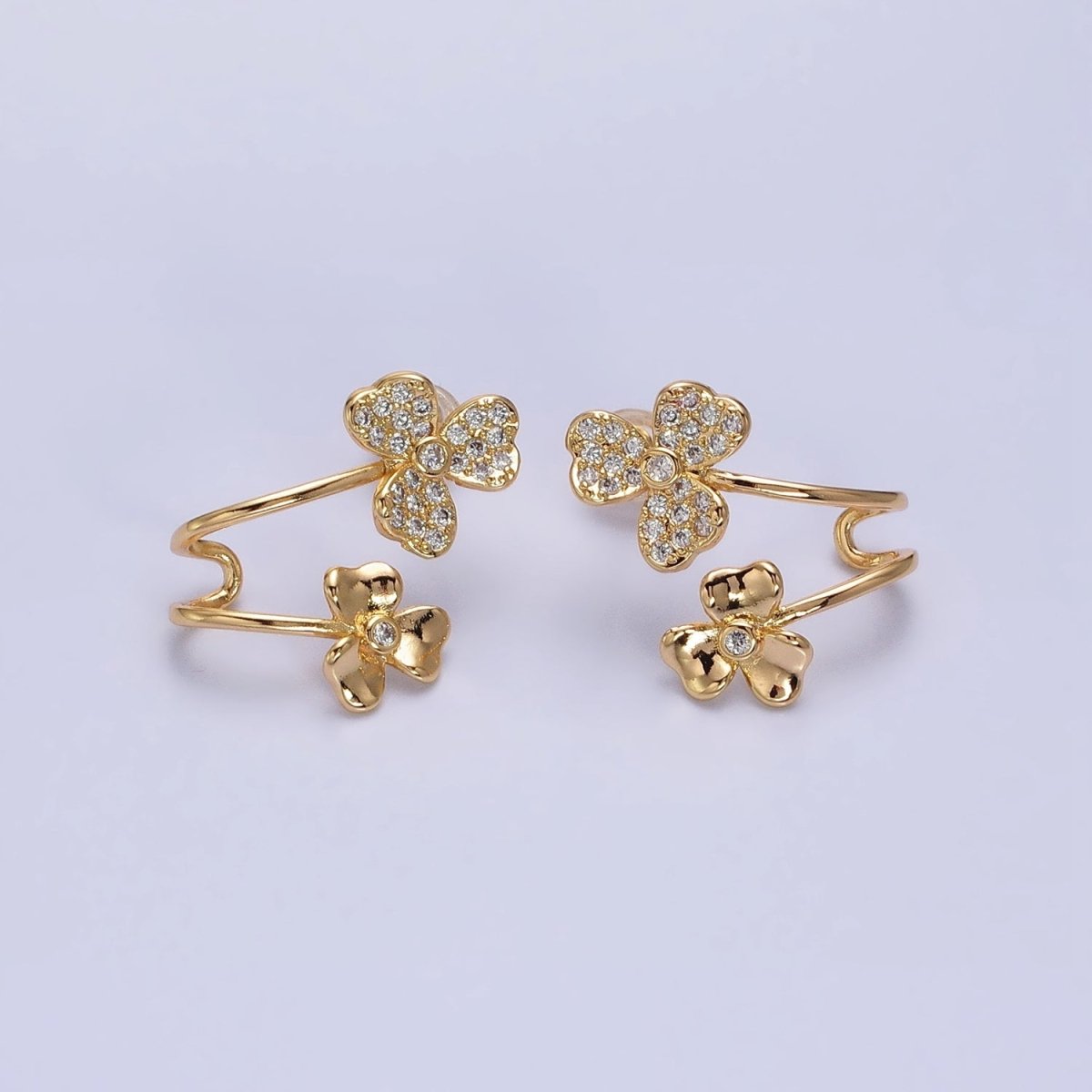 Gold, Silver Double Flower Micro Paved CZ Ear Cuff Stud Earrings | AB574 AB575 - DLUXCA