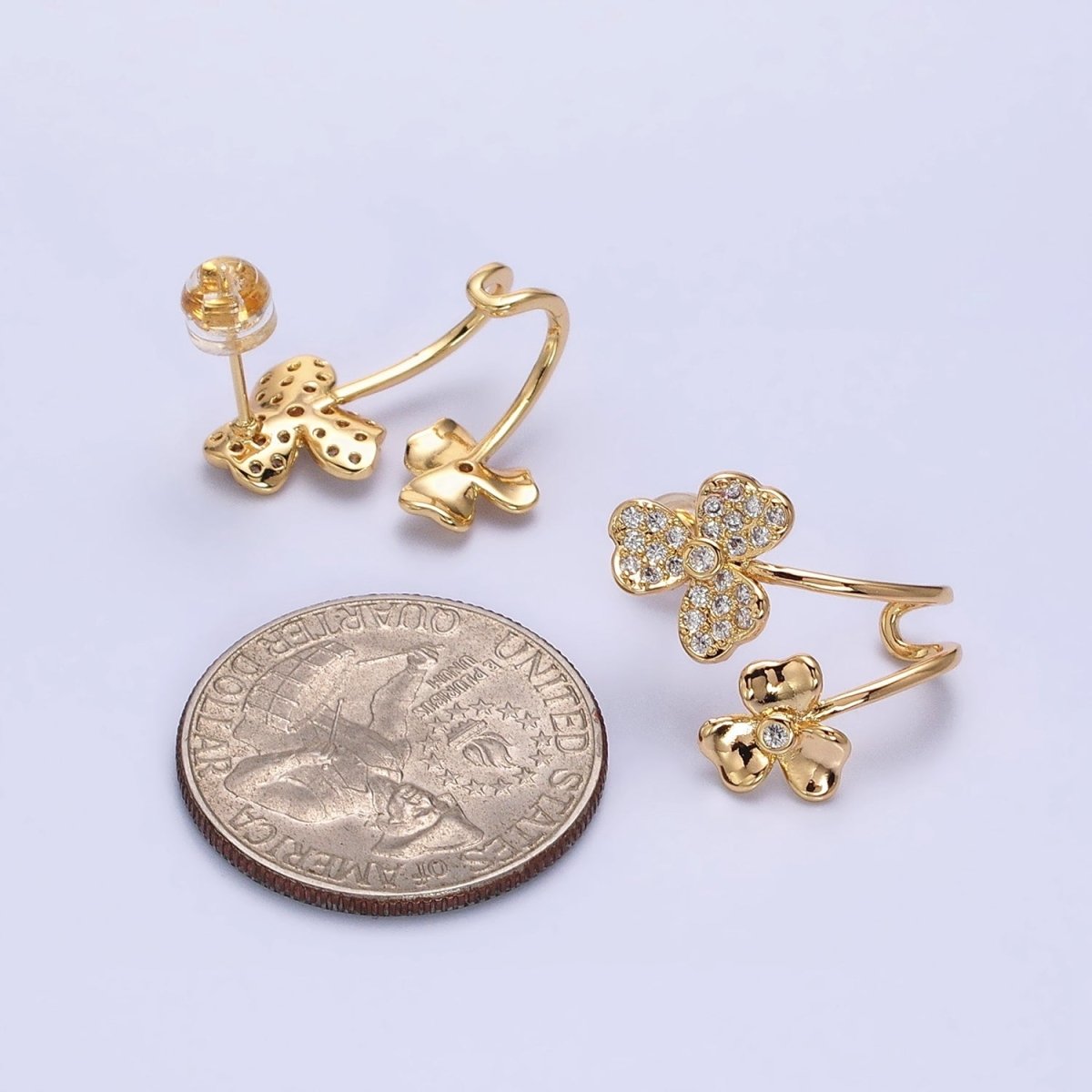 Gold, Silver Double Flower Micro Paved CZ Ear Cuff Stud Earrings | AB574 AB575 - DLUXCA