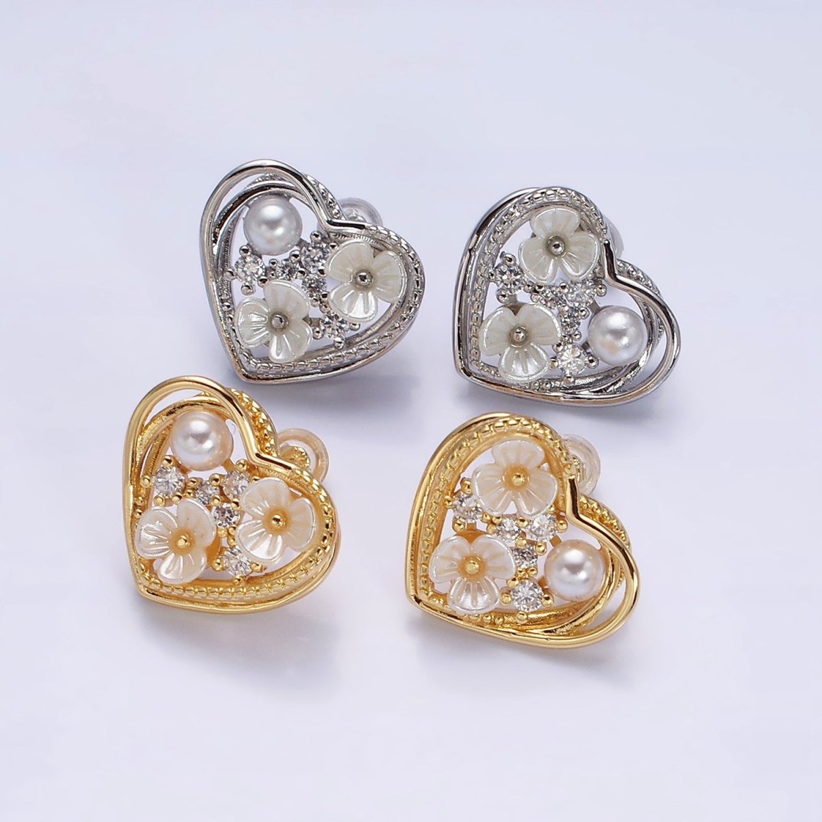 Gold, Silver Double Flower Pearl CZ Framed Hearts Stud Earrings | AD1052 AD1053 - DLUXCA